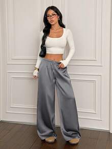 SHEIN PETITE Women's Low-Waist Casual Retro Satin Versatile Brown Marl Color Long Skirt - Grey - View 3