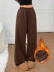 SHEIN PETITE 鹅卵石缝线细节直筒运动裤，适合毕业季、返校季、毕业典礼、教师穿着，女士返校阔腿运动裤，棕色 - 棕色 - 查看 6