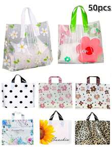 50Pcs Thickened Plastic Gift Tote Bag,Valentine's Day Party Gift Bags, Simple Gift Bag, Lightweight, Portable Floral Pattern Pattern Pattern Large Capacity Handbag, New Year, Wedding, Shopping Bag,Birthday Gift Bag, Party Favor Bags, 30*20*8cm/11.8*7.8*3.1inch, Thanksgiving, Halloween, Christmas - Multicolor - View 1