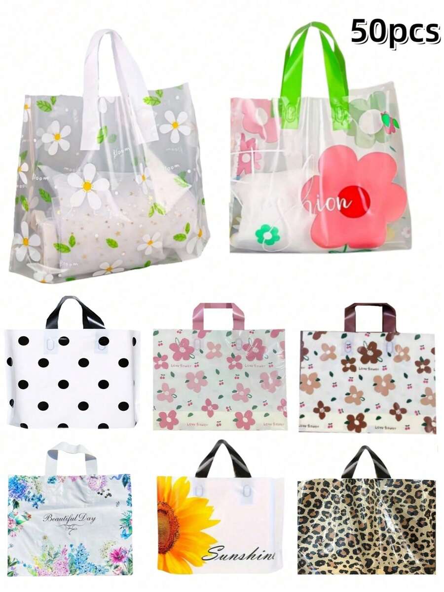 50Pcs Thickened Plastic Gift Tote Bag,Valentine's Day Party Gift Bags, Simple Gift Bag, Lightweight, Portable Floral Pattern Pattern Pattern Large Capacity Handbag, New Year, Wedding, Shopping Bag,Birthday Gift Bag, Party Favor Bags, 30*20*8cm/11.8*7.8*3.1inch, Thanksgiving, Halloween, Christmas - Multicolor - View 1