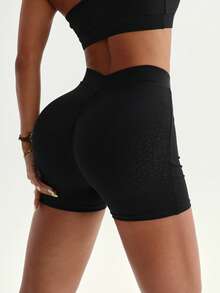 Dewbera Women's Black Leopard Print Compression Shorts With V-Shaped Ruched Waist, Suitable For Casual Wear, Running, Yoga, Gym, Tennis, Golf, Spring/Summer - Black - View 6
