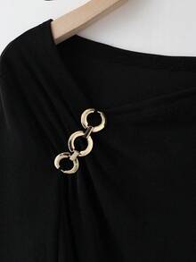 GlowEve Women's Asymmetrical Neckline Chain Decor Long Sleeve T-Shirt, Elegant Casual Wear For Spring, Summer, Autumn, Winter - Black - View 4