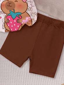 Conjunto informal de camiseta de manga corta con cuello redondo y estampado de fresa, capibara y decoración de lazo, y leggings, adecuado para primavera/verano, ropa de niña bebé, ropa de niña pequeña, conjunto de niña bebé, ropa de niña pequeña, de vuelta al colegio, ropa escolar