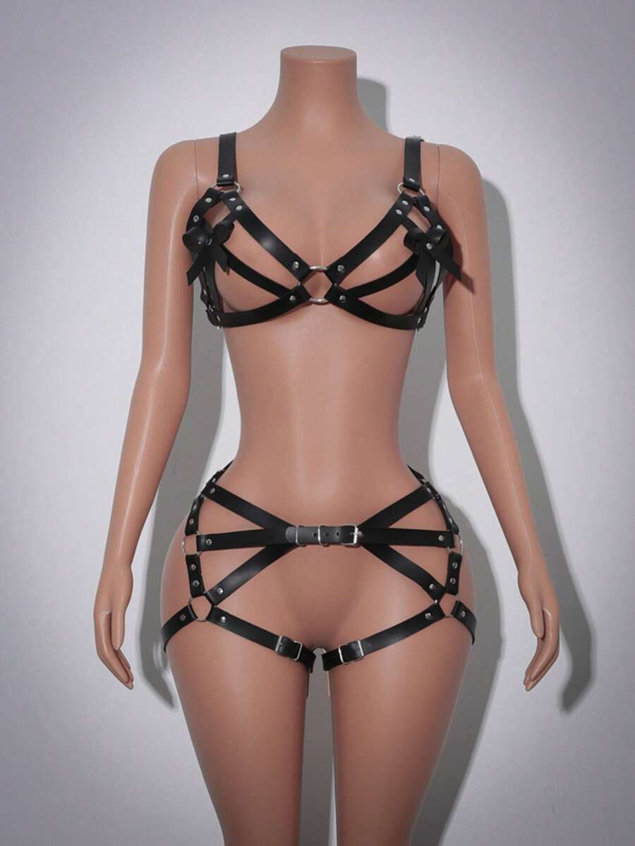 SHEIN 两件套女士性感皮革装饰内衣套装 - 黑色 - 查看 1