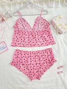 2pcs Plus Size Sweet & Sexy Front Button Floral Print Ruffled Lingerie Set - Pink - View 9