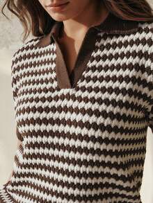 Anewsta French Spring/Summer Vintage Coin Texture Business Casual Striped Brown Patchwork V-Neck Knit Top - Coffee Brown - View 2
