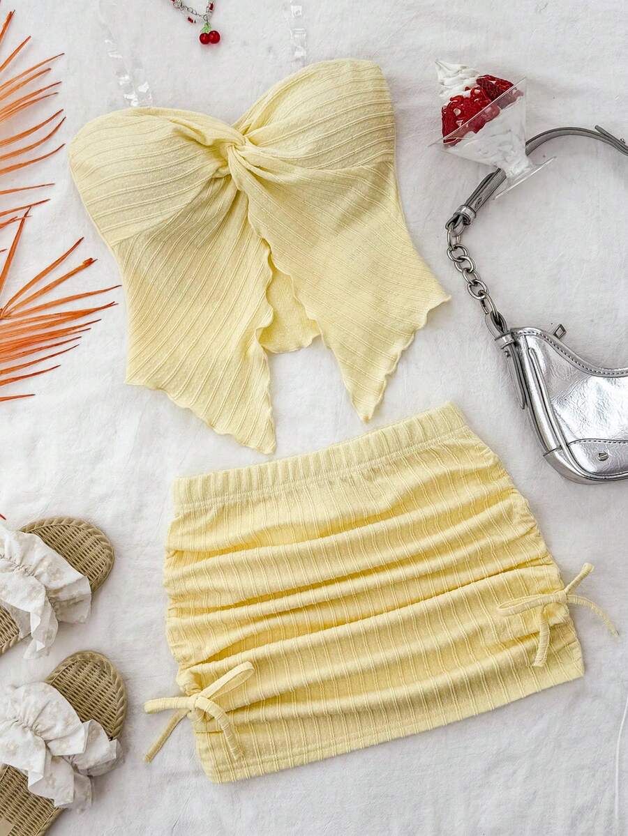 Tween Girls' Cute Yellow Asymmetric Hem Tank Top And Skirt 2 Pieces Set,Soft Summer Colour Palette Summer Vacation Ribbed Bow Knot Tied Details Outfit - Yellow - View 1