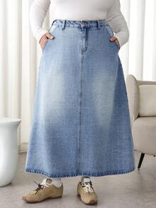 SHEIN CURVE+ Plus Size Women High Waist Pockets Casual/Work Denim Midi Skirt Teen Girls Curve Light Blue Washed Denim Skirt High A-Line Midi Length Winter Spring Christmas New Year Thanksgiving Commuting Vacation Graduation Chic Y2k Cute Streetwear Coquette Party Wedding Elegant Business Casual Woman Curve Friendly Skirt 5XL-8XL Denim Skirt Elastic Waist Skirt Casual Long Skirt