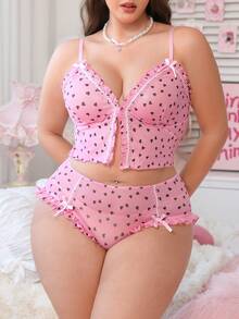 2pcs Plus Size Sweet & Sexy Front Button Floral Print Ruffled Lingerie Set - Pink - View 6