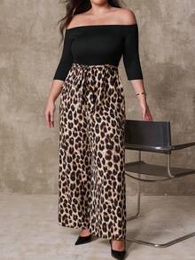 Juhart Elegant And Casual One-Neck Autumn Jumpsuit For Plate-Sized Women Leopard Print Pants Wide Leg Pants Curve Cheetah Print Outfit Women Animal Print Plus Size