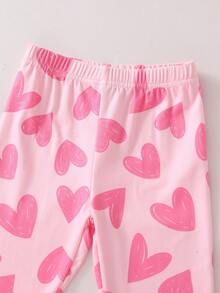 Set de pijama con top de manga larga y leggings con estampado de corazones y graffiti lindo para niñas, 2 piezas - Rosa - Ver 4