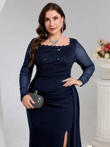 Coutiva Plus Size Women's Contrast Lace Square Collar Long Sleeve Ruffle Heavy Embroidery Navy Blue Elegant Formal Evening Gown,Spring Prom Wedding Dress - Navy Blue - View 5