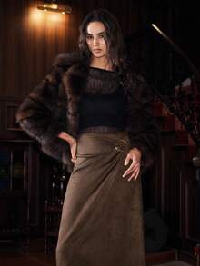 Uhlyne Uhlyne Damen eleganter plissierter Wildlederrock, vielseitig für Frühling, Herbst, Winter, geeignet für Urlaub, Party, Pendeln, Büro, Alltag, einfarbiger Metalldekor - Mokka-Braun - Übersicht 8