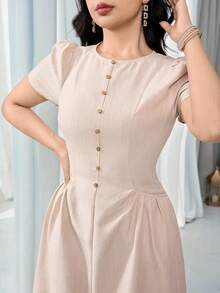 Feyla Neues elegantes einfarbiges Taillengürtel-Taschen-Kleid, schlicht und schick, figurformend - Aprikosenfarben - Übersicht 6