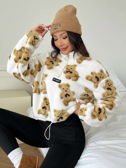 SHEIN EZwear بلوزة رياضية نصف سحاب بنقشة دب كرتوني وبطانة من القطيفة جديدة للسيدات، ملابس شتوية، بأكمام طويلة