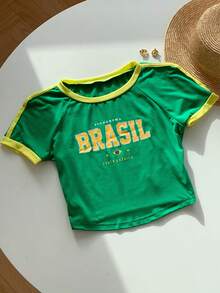 SHEIN EZwear Brazil Letter Graphic Contrast Trim Raglan Sleeve Crop Tee - Green - View 4