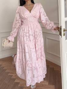 Vibekara 优雅复古公主宫廷蕾丝边提花雪纺A字及地长裙，大码女装，粉色薄纱 - 粉色 - 查看 5