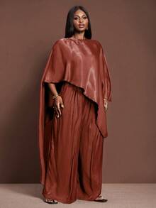 Veslaya 2025 Plus Size Women's Winter Clothing Glossy Fabric Cape Style Top Loose Pants Two Pieces Set, Suitable For Christmas/New Year Clothing/Parties/Women's Elegance/Shiny Two Pieces Set/Women's Thanksgiving Outfit/Formal Dress - Red - View 4