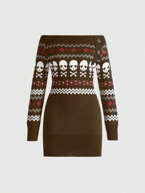 Grunge Punk Y2K Retro Sexy Skull Graphic Off-Shoulder Sweater Dress For Women