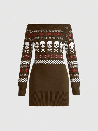 Grunge Punk Y2K Retro Sexy Skull Graphic Off-Shoulder Sweater Dress For Women