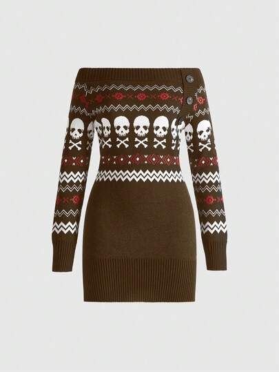 Grunge Punk Y2K Retro Sexy Totenkopf Grafik Off-Shoulder Pulloverkleid für Frauen