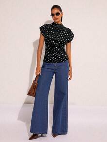 COSMINA Polka Dot Waist Ruched Asymmetric Short Sleeve Casual Commuter Chic Polka Dot Blouse Batwing Sleeve Top - Black - View 6