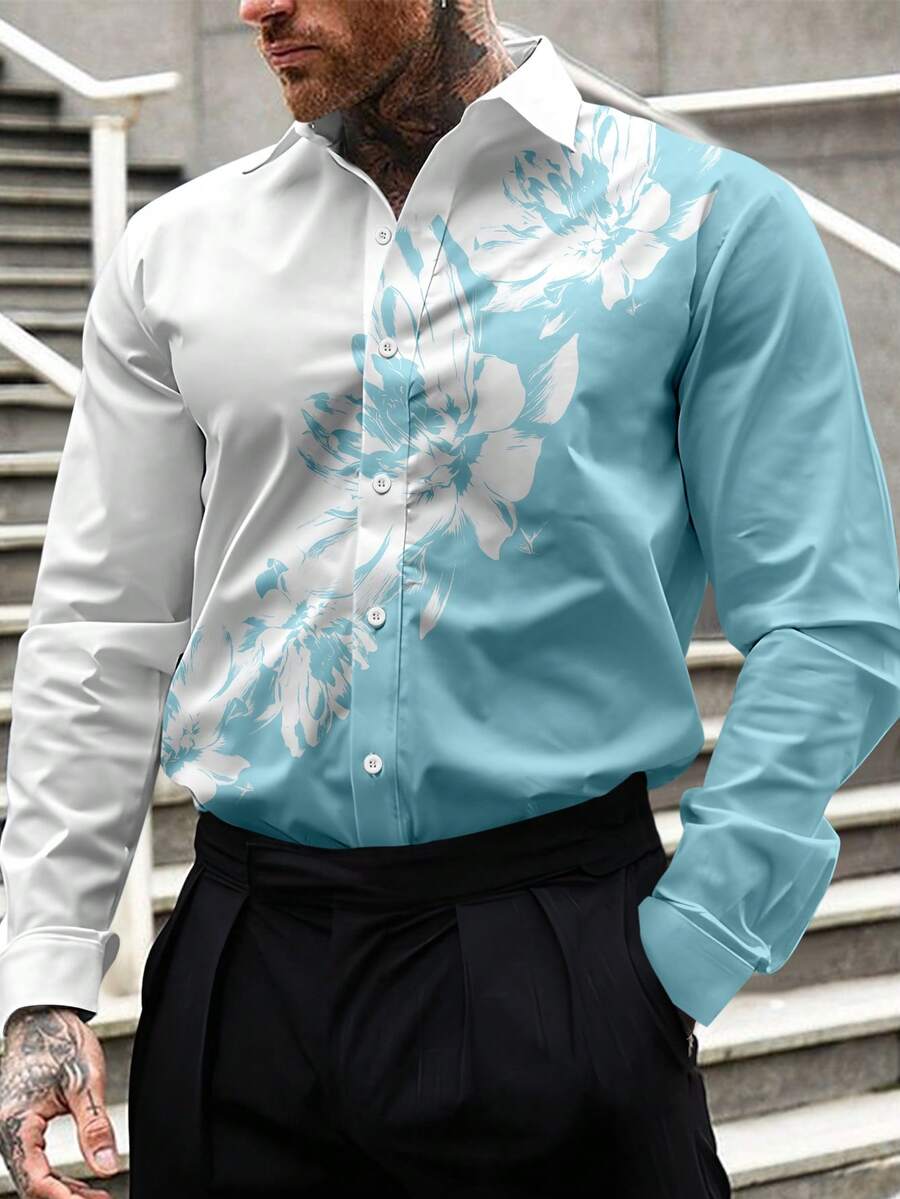 Manfinity LEGND Men's Casual Floral Patchwork Print Long Sleeve Loose Shirt, Spring/Autumn Light Blue And White Shirt Turquoise Men Shirt Baby Blue Shirt Men Graphic