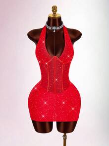 Amplova Gaun Mini Pesta Tanpa Lengan Model Halter Warna Merah Terang dengan Hiasan Berlian Imitasi dan Pinggang yang Diikat, Gaun Pesta Transparan Berkerut, Gaya Musim Panas 70-an untuk Pesta Malam di Klub, Gaun Pesta Berkilau untuk Tamu Pernikahan - Merah - View 3