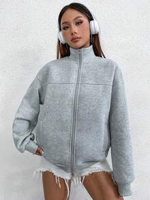 Flirla 纯色落肩拉链连帽衫，女士春秋季休闲口袋，拉链长袖领宽松常规灰色落肩拉链女式连帽衫，长袖上衣 - 灰色 - 查看 5