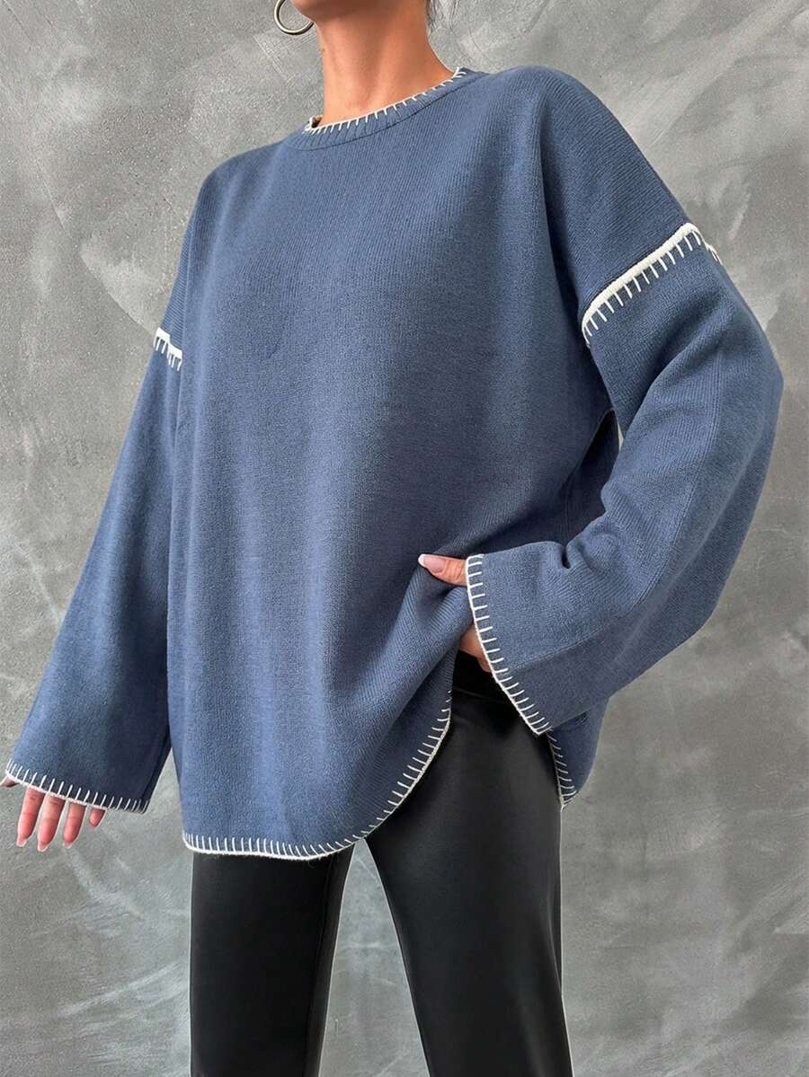 Women's Casual Drop Shoulder Long Sleeve Sweater, Autumn/Winter - Dusty Blue - View 1