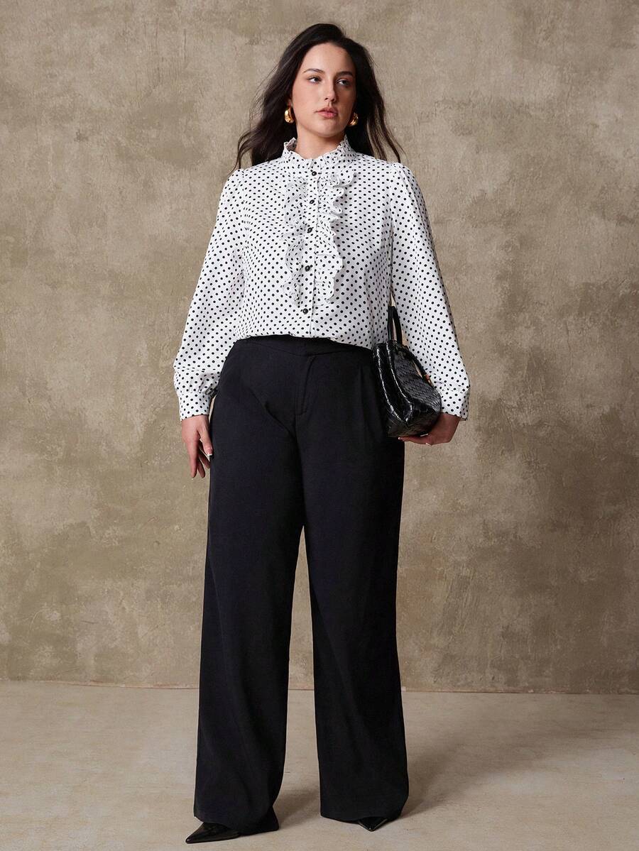 Juhart 大码女式波点印花荷叶边领长袖优雅衬衫 - 白色 - 查看 1