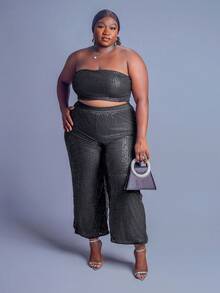 CurvyTilda Plus Size Women Solid Color Elastic Waist Wide Leg Loose Sequin Pants, For Hourglass Body Shape - Black - View 5