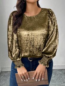 SHEIN LUNE 圆领金属箔泡泡袖衬衫 - 金色 - 查看 6