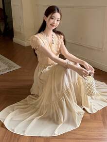 DAZY 女士蕾丝拼接短袖韩版优雅长裙夏季连衣裙 - 杏色 - 查看 4