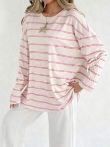 INAWLY 女士条纹休闲圆领长袖T恤，适合度假和日常穿着 - 杏色 - 查看 5