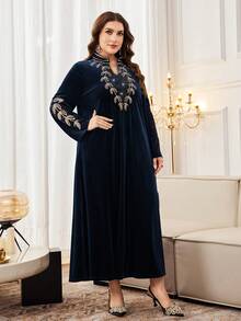 Al Najma Plus Size Women's Stand Collar, Leaf Embroidery On Cuffs And Collar, Rhinestone Decor Long Sleeve Velvet Loose Elegant Maxi Dress For Party And Outings - Navy Blue - View 4