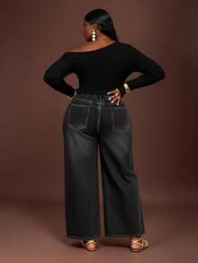 CurvyTilda Plus Size Women's Fall & Winter Elegant Asymmetrical Neck Rib-Knit Tee With Warm-Up Fabric, Suitable For Old-Money, Richly Layered, Office, For Hourglass Body Shape - Black - View 2