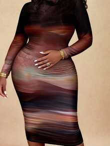 CurvyTilda Slaydiva Brushstroke 扎染印花休闲简约大码长袖圆领修身连衣裙，适合派对、秋冬穿着 - 彩色 - 查看 5