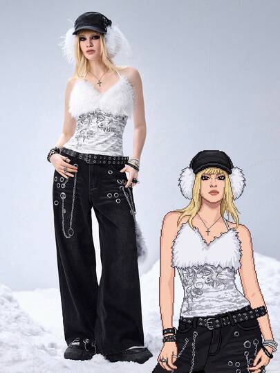 Grunge Punk توب كامي بحمالات رفيعة مزخرف بالرقعات الفرائية الفاخرة من طراز Y2K الألفية