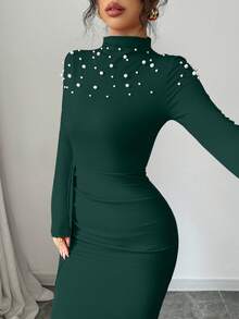 Elenzga Handmade Beaded Pleated Slit Dress For Women - Dark Green - View 6