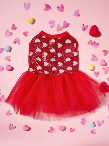 PETSIN 1件宠物通用情人节红色爱心亮片网纱拼接奢华公主裙 - 彩色 - 查看 4