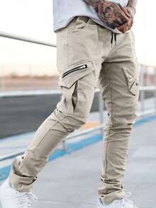 Manfinity LEGND Men's Casual Fashion Street Daily Commute Drawstring Waist Zipper Flap Pocket Slim Fit Cargo Pants Men Cargos Streetwear Men Pants