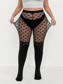 SHEIN EZwear 大码女式心形网纱拼接蝴蝶结装饰时尚打底裤 情人节 - 黑色 - 查看 5