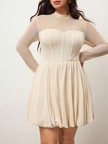 Hourglow Plus Size Women's Solid Color Round Neck Long Sleeve Mesh Fashion Dress/Autumn /Winter - Apricot - View 6