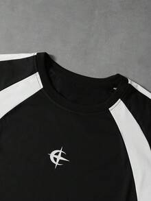 PAVTROS 男士休閒對比色T恤短褲套裝，夏季Y2K復古節慶男孩街頭風新年款，黑白反光條紋拼色圓領T恤套裝，足球風 - 黑色 - 查看 9