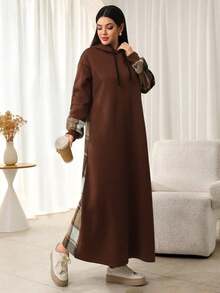 Mulvari Dropped Shoulder Long Sleeve Casual Plaid Patchwork Drawstring Hooded Abaya Dress - Multicolor - View 3