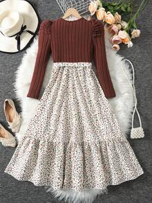 SHEIN Vestido largo de manga larga con cuello redondo, tejido, estilo boho, color marrón, con parches y estampado floral pequeño, adecuado para otoño e invierno, vestido de invierno para vacaciones, vestido de largo medio para niñas preadolescentes