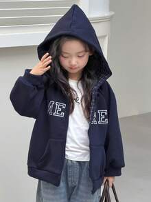 DAZY Áo nỉ dài tay rộng rãi, họa tiết kẻ caro có mũ trùm đầu dành cho bé gái - Màu xanh lam - Xem 5