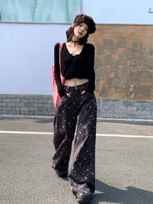 DAZY Women's Floral Print Casual Loose Relaxed Wide Leg Jeans, - Blue - View 5