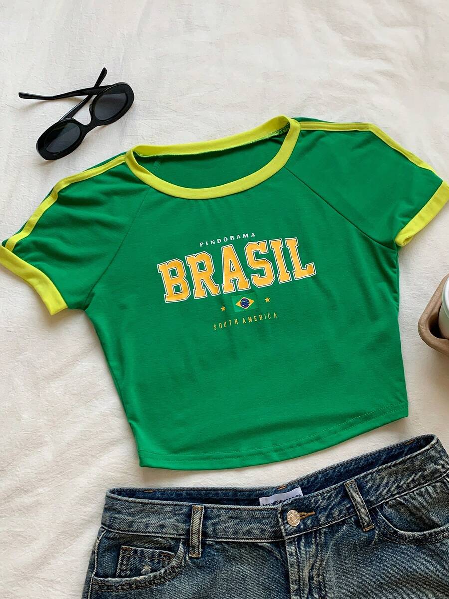SHEIN EZwear Brazil Letter Graphic Contrast Trim Raglan Sleeve Crop Tee - Green - View 1